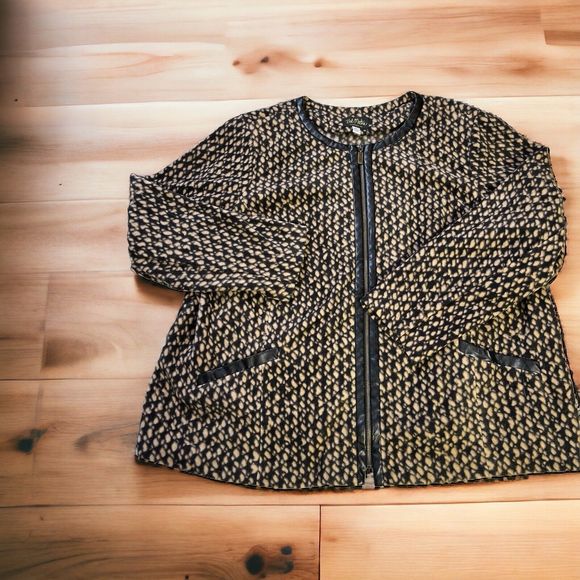 Bob Mackie Jackets & Blazers - Bob Mackie Wearable Art Fleece Jacket Faux Leather Trim Zip Up Cozy Warm Size 3X